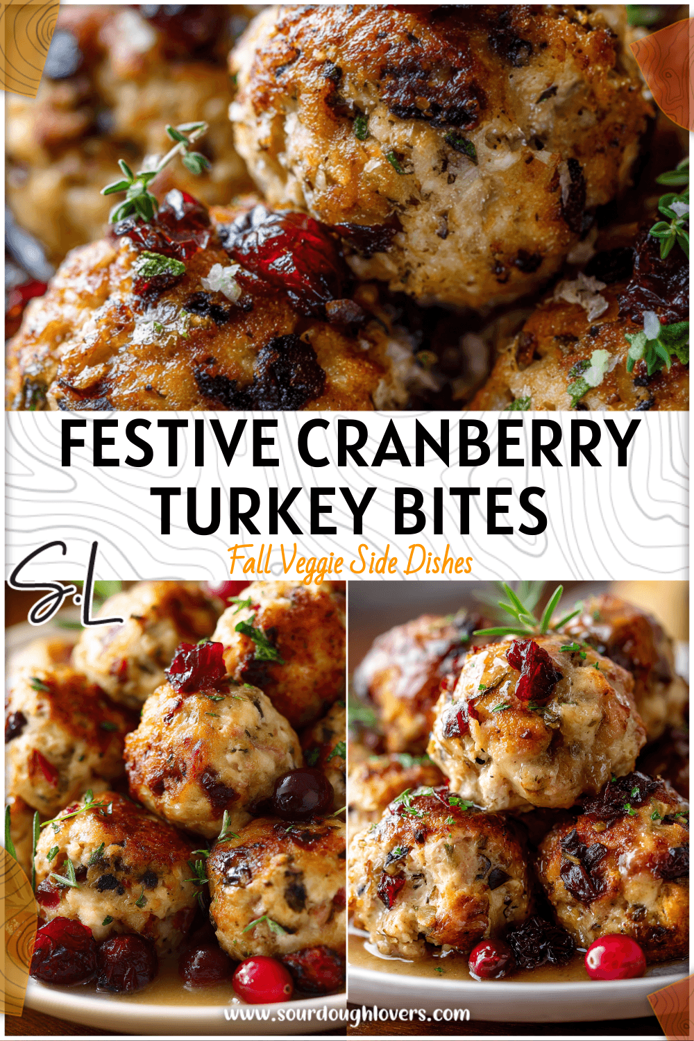 Plate of golden cranberry turkey stuffing balls served with gravy and fresh herbs. 2
